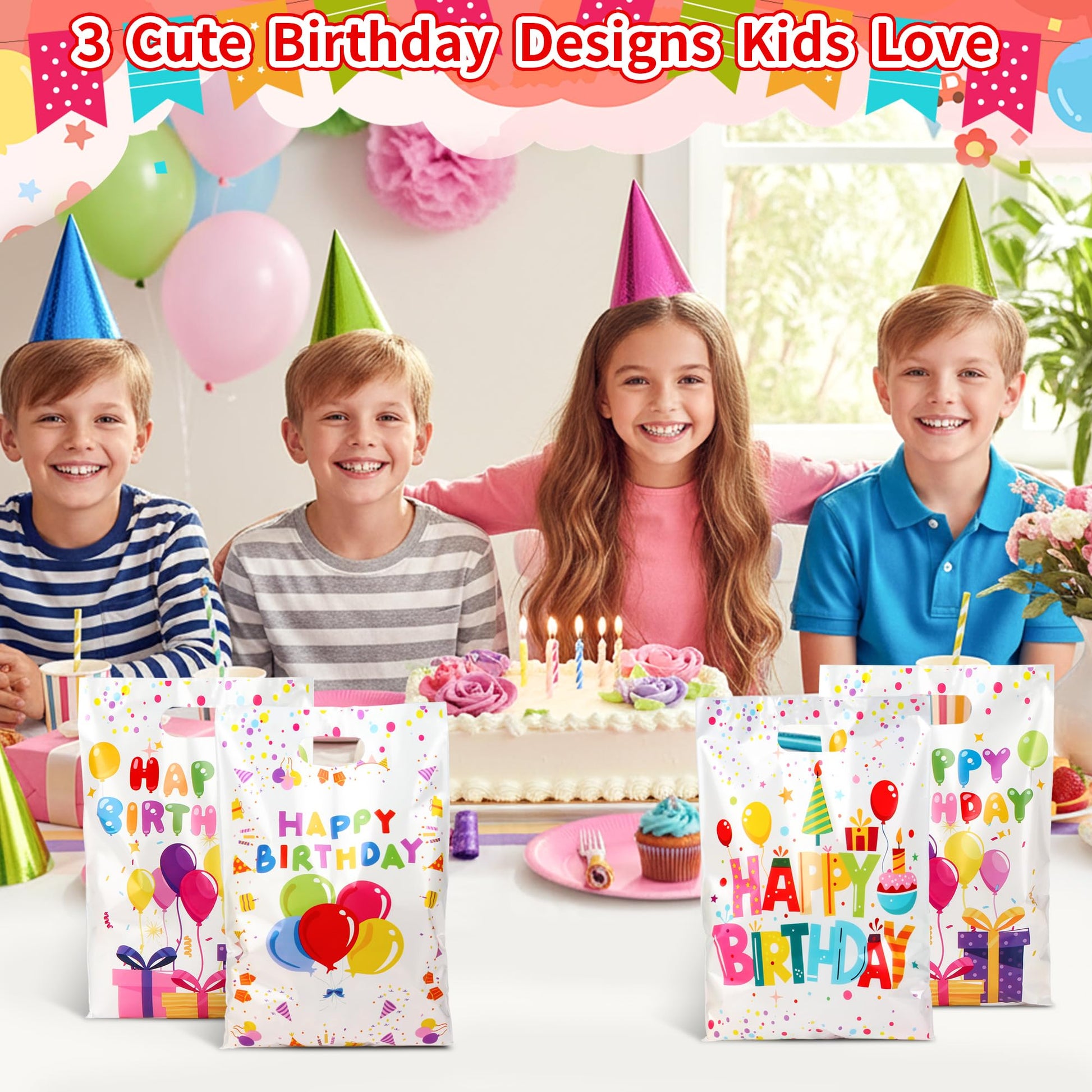 50 PCS Birthday Party Favor Bags - 6.5 x 9.8 Inch Happy Birthday Goodie Bags with Handles - Plastic