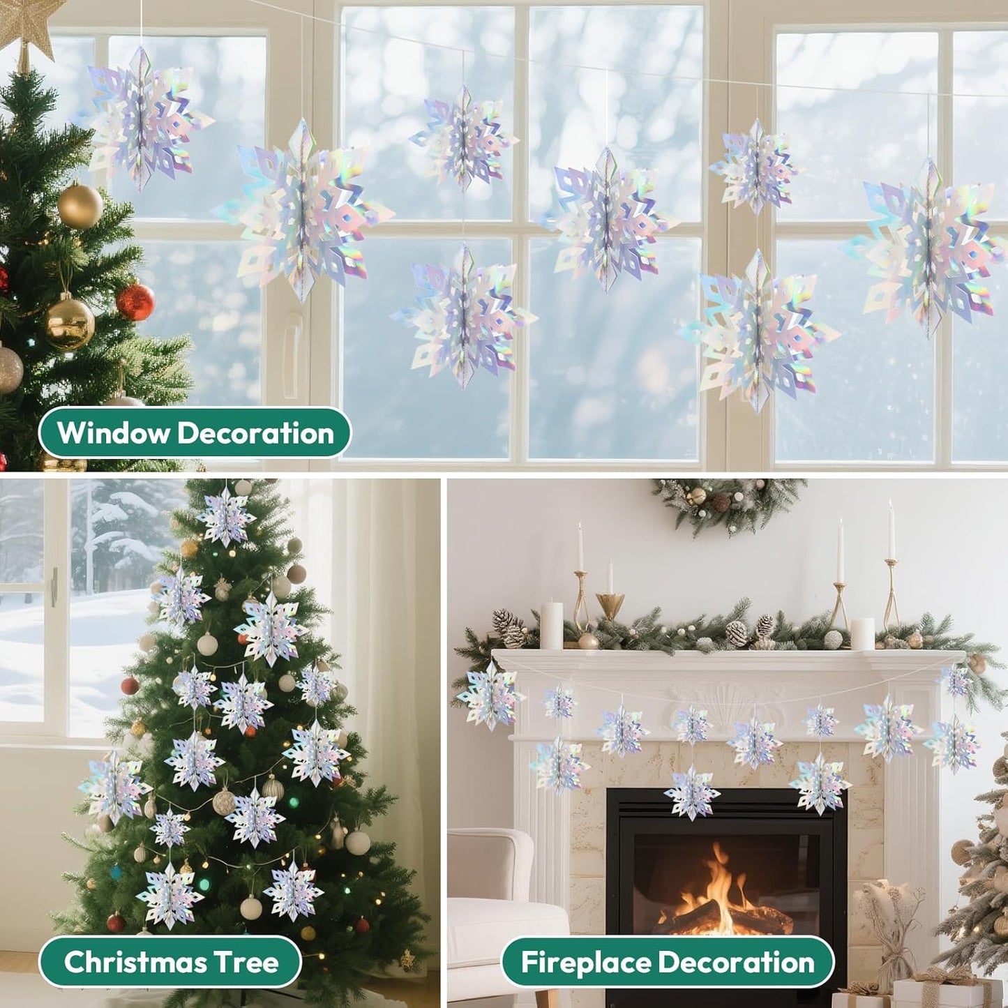 Benbilry 3D Hanging Snowflake Decorations for Christmas Tree, 24pcs 3 Size Winter Wonderland Decorations for Frozen Birthday Party, Christmas Home Decor - Iridescent
