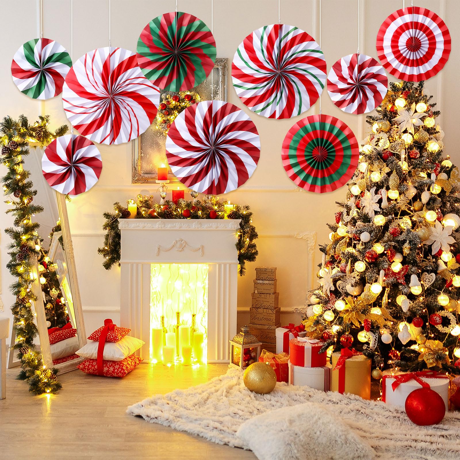 Outus Christmas Hanging Decorations Candy Paper Fans Peppermint Hanging Paper Fans Candy Cane