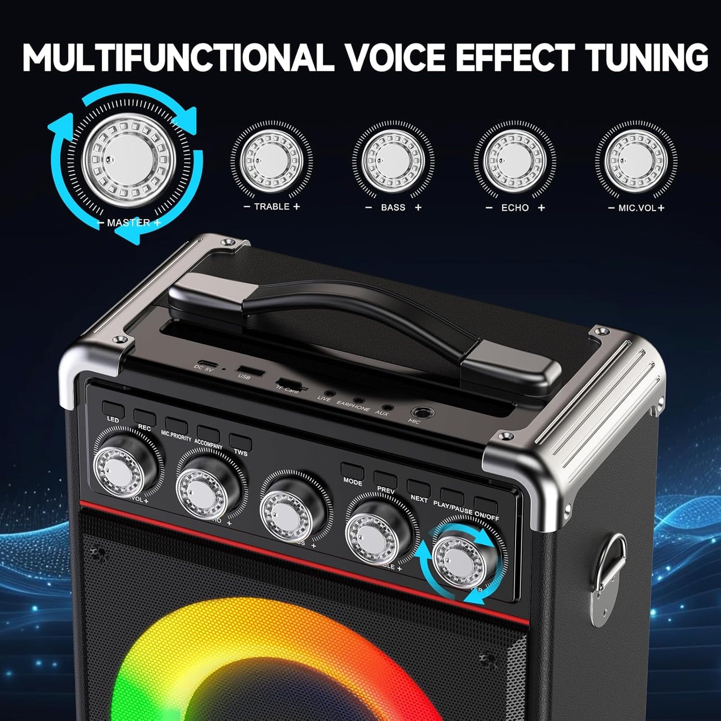 Karaoke Machine with 2 Microphones: HWWR Portable Karaoke Machine for Adults Kids, Party Bluetooth Speaker with Bass/Treble Adjustment, PA System with Remote Control/LED Lights, Support REC/USB/AUX