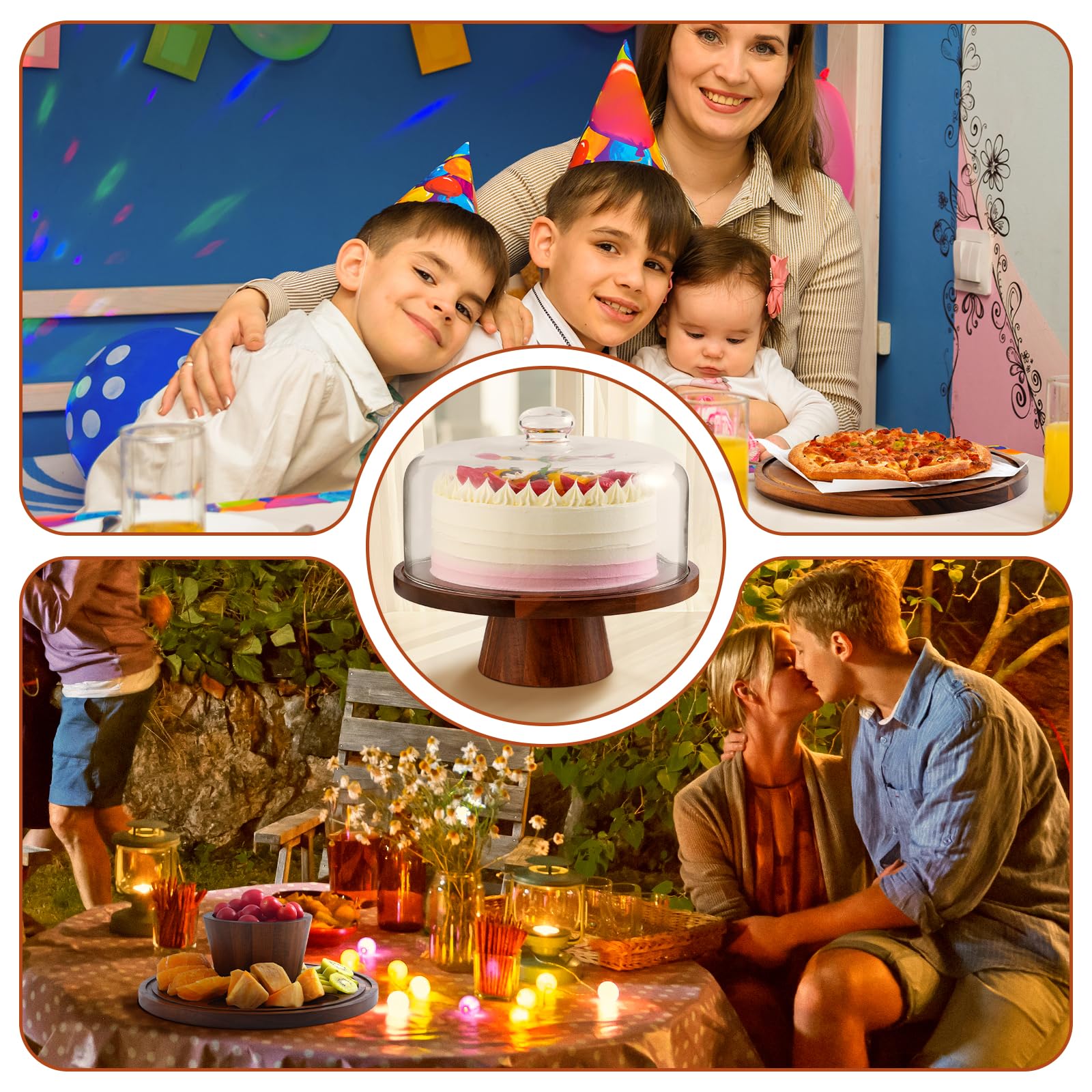 Acacia Wood Cake Stand with Glass Lid–12" Magnetic Base for Parties&Kitchen
