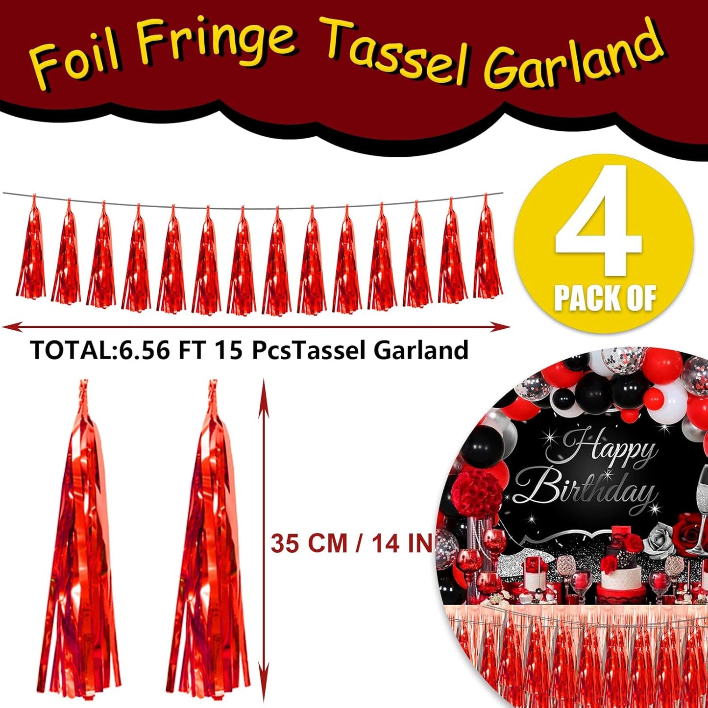 4P Red Foil Fringe Tassel Banner Garland Metallic Tinsel Streamers Wall Hanging Curtain Backdrop Banner for Parade Floats, 2024 Graduation Decorations, Wedding Party Decoration