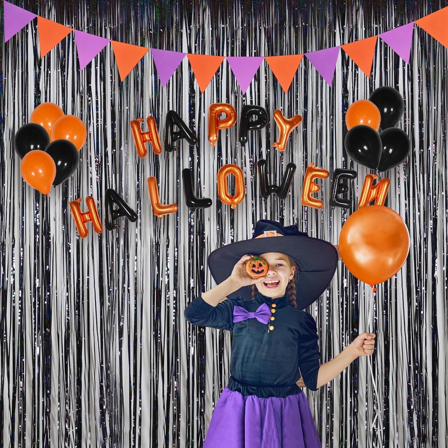 Halloween Party Decorations Indoor for Adults, Melsan 3.2 x 8 ft Black Streamer Tinsel Photo Backdrop for Birthday, Graduations, Fiesta, Halloween Decorations - Pack of 2