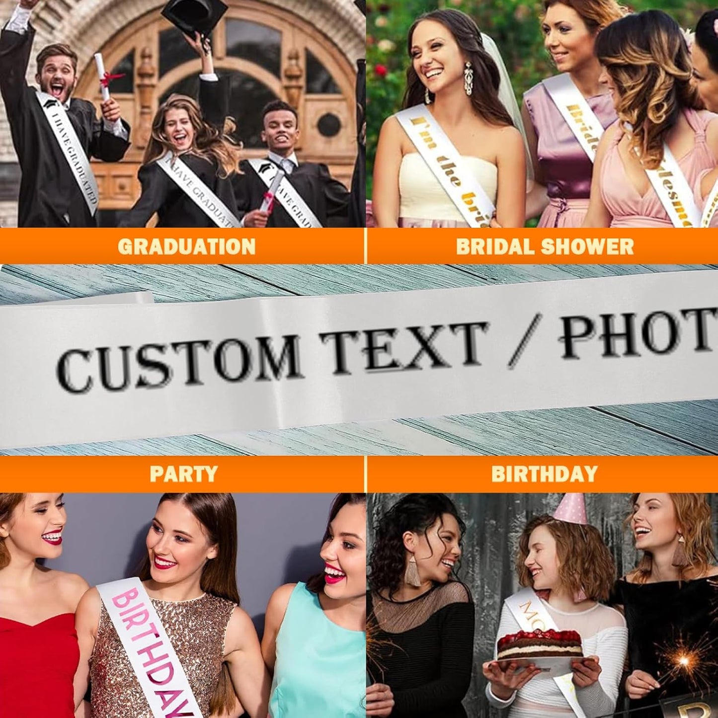 Custom Sash,Personalized Birthday Sash with Text Photo,Customized Bachelorette Sash Quote Sash Bride to Be Sash Color Optional (No decorative edge, Light Sliver)