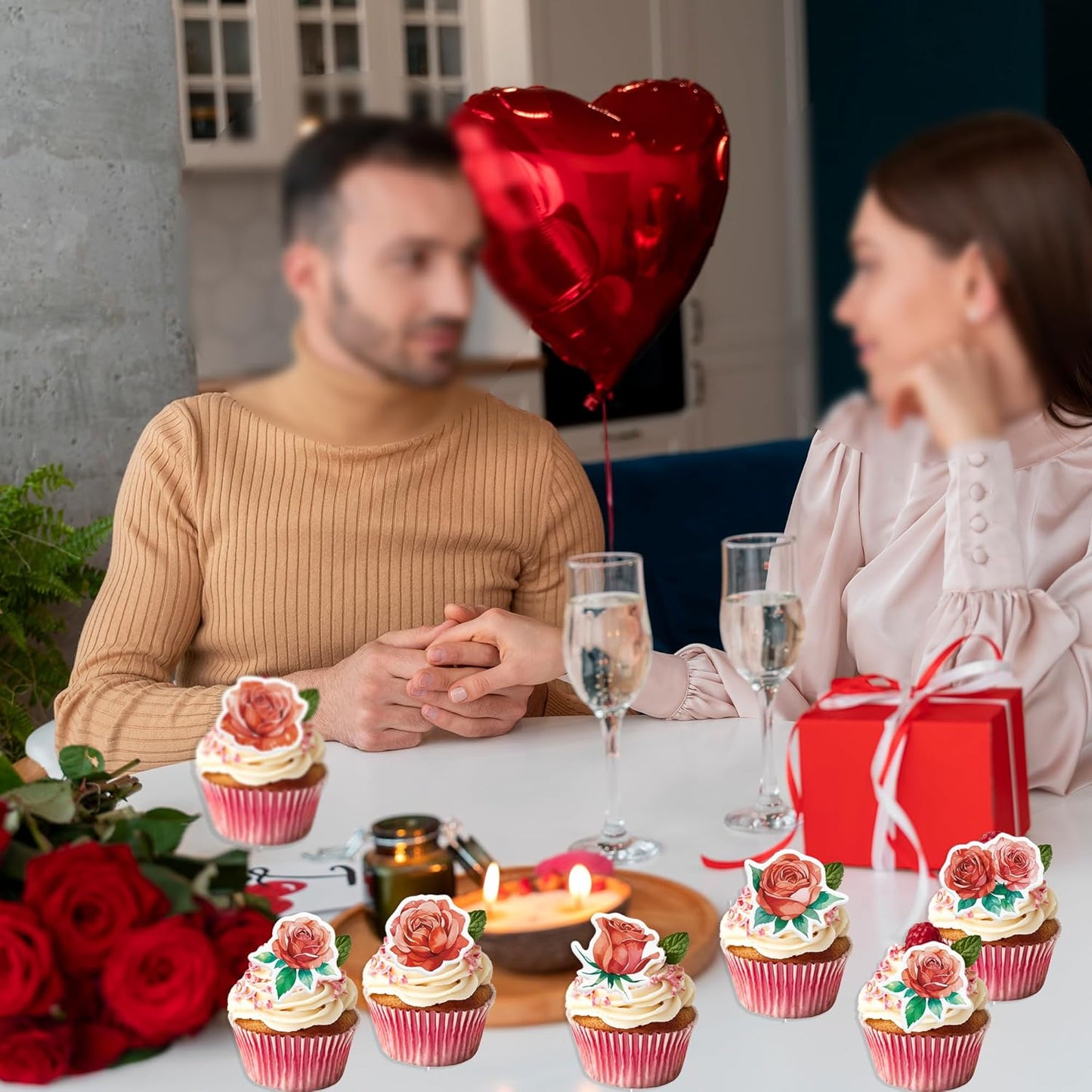 48PCS Edible Rose Flower Cupcake Toppers Wafer Paper Roses Decorations Flower Birthday Party Decorations Rose Cake Toppers for Wedding Engagement Birthday Party Cake Decor Supplies (Red)