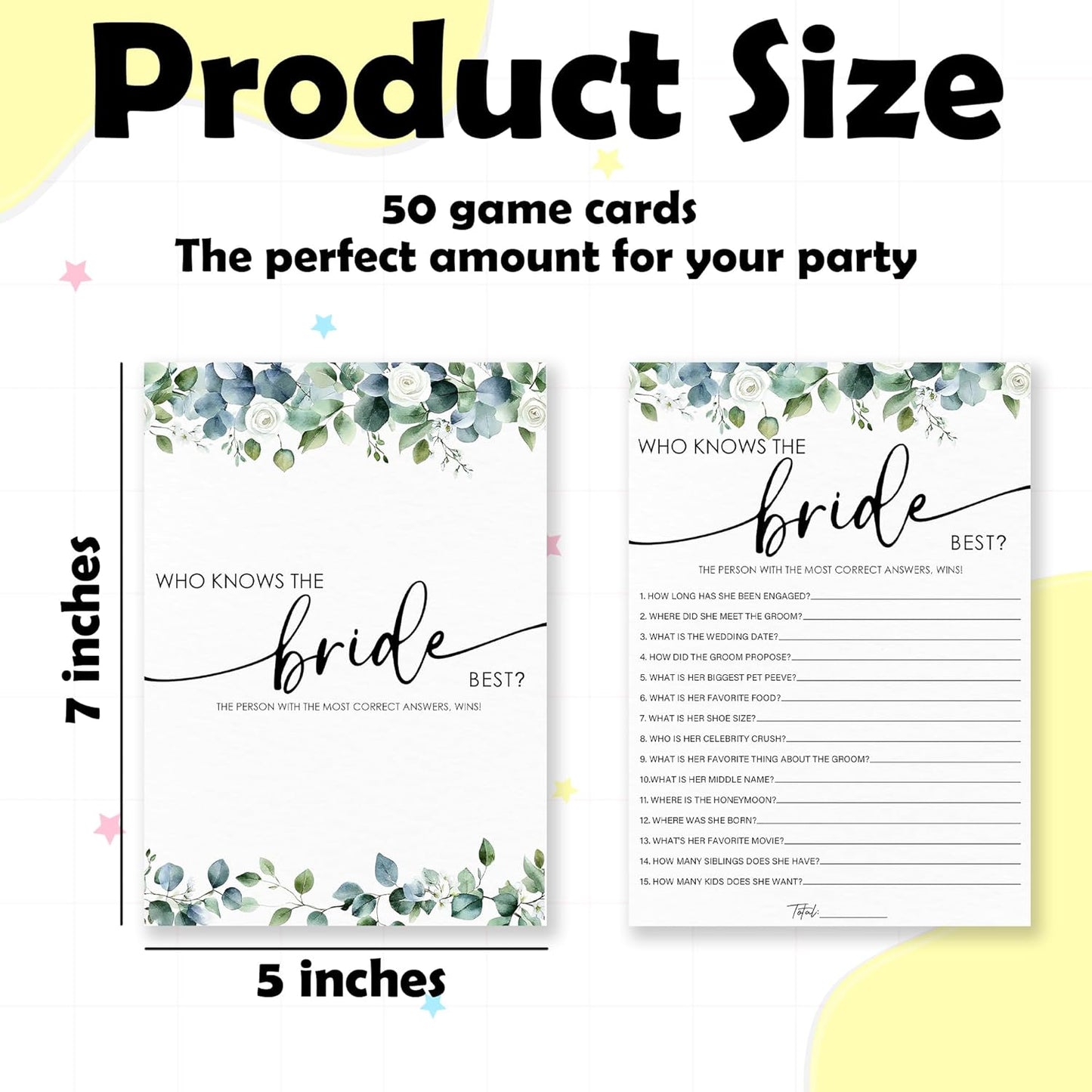 Who Knows The Bride Best - Botanical Bridal Shower Game Cards - 50 Pcs Eucalyptus Leaves Game Cards - Funny Wedding Party Games for Bride & Groom - Activities for Bachelorette Party - A01