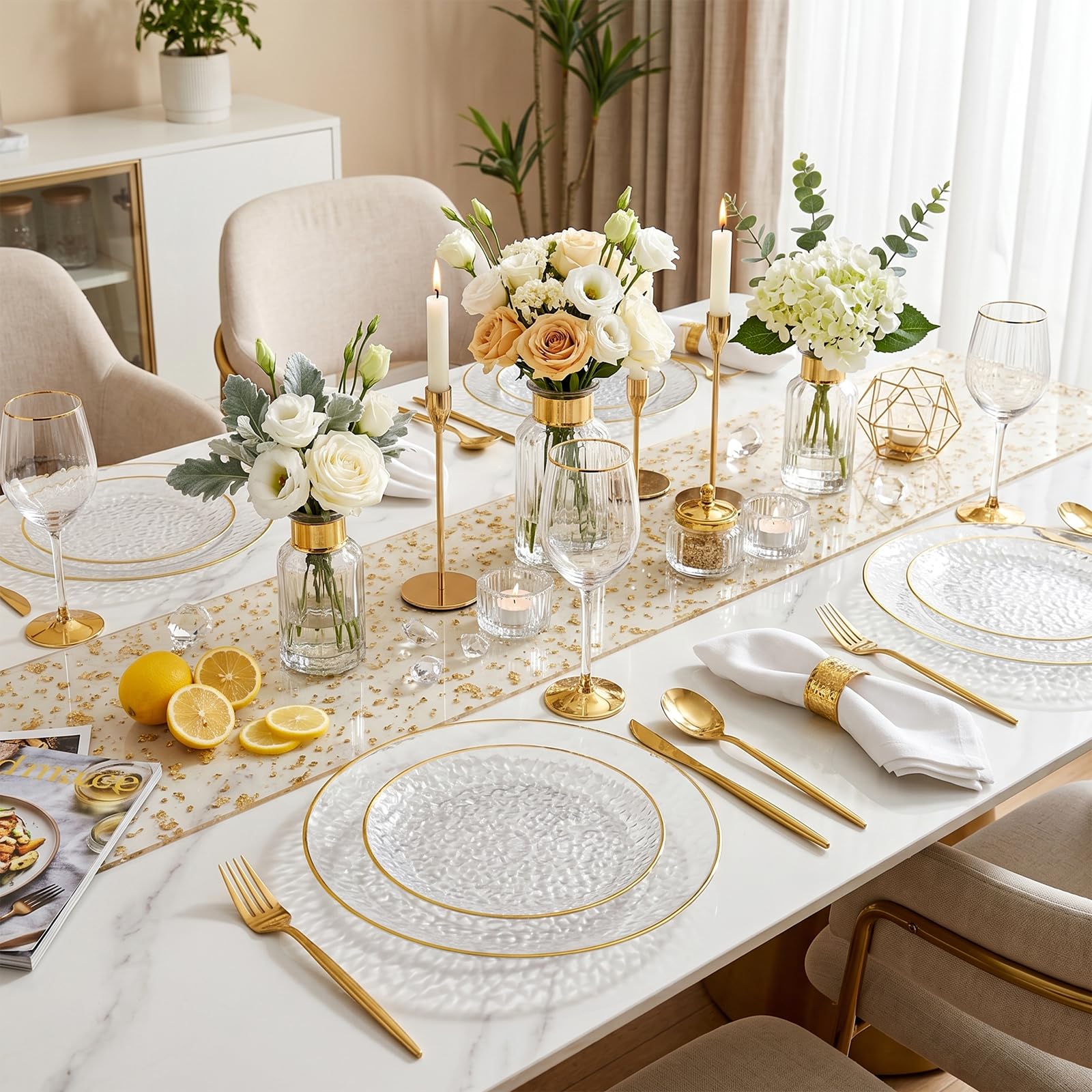 Rubtlamp 60Pcs Clear Plastic Plates,Clear Disposable Plates With Gold Rim,Heavy-duty Gold