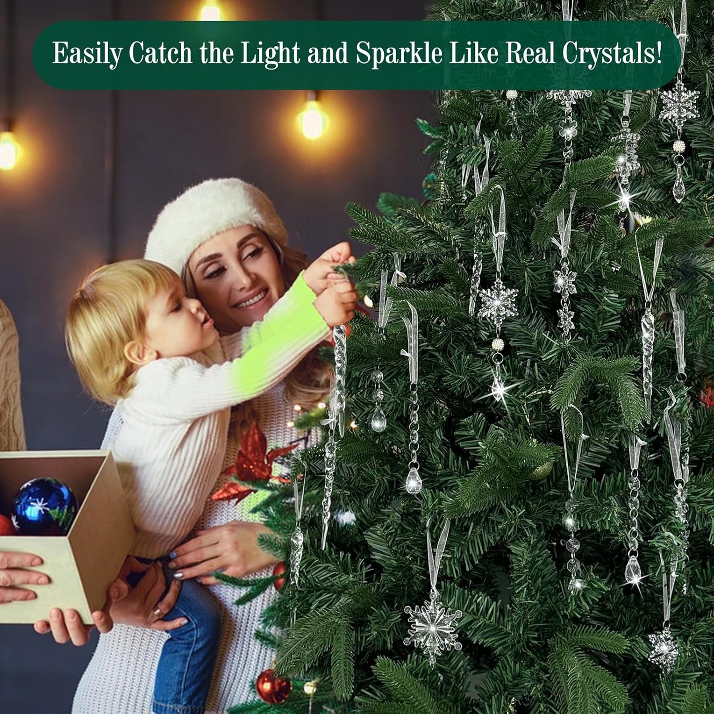 Christmas Tree Decorations 18Pcs, Acrylic Crystal Ornaments for Christmas Tree- Hanging Christmas Snowflake Decorations for Xmas Decor, Weddings, Frozen Birthday Parties