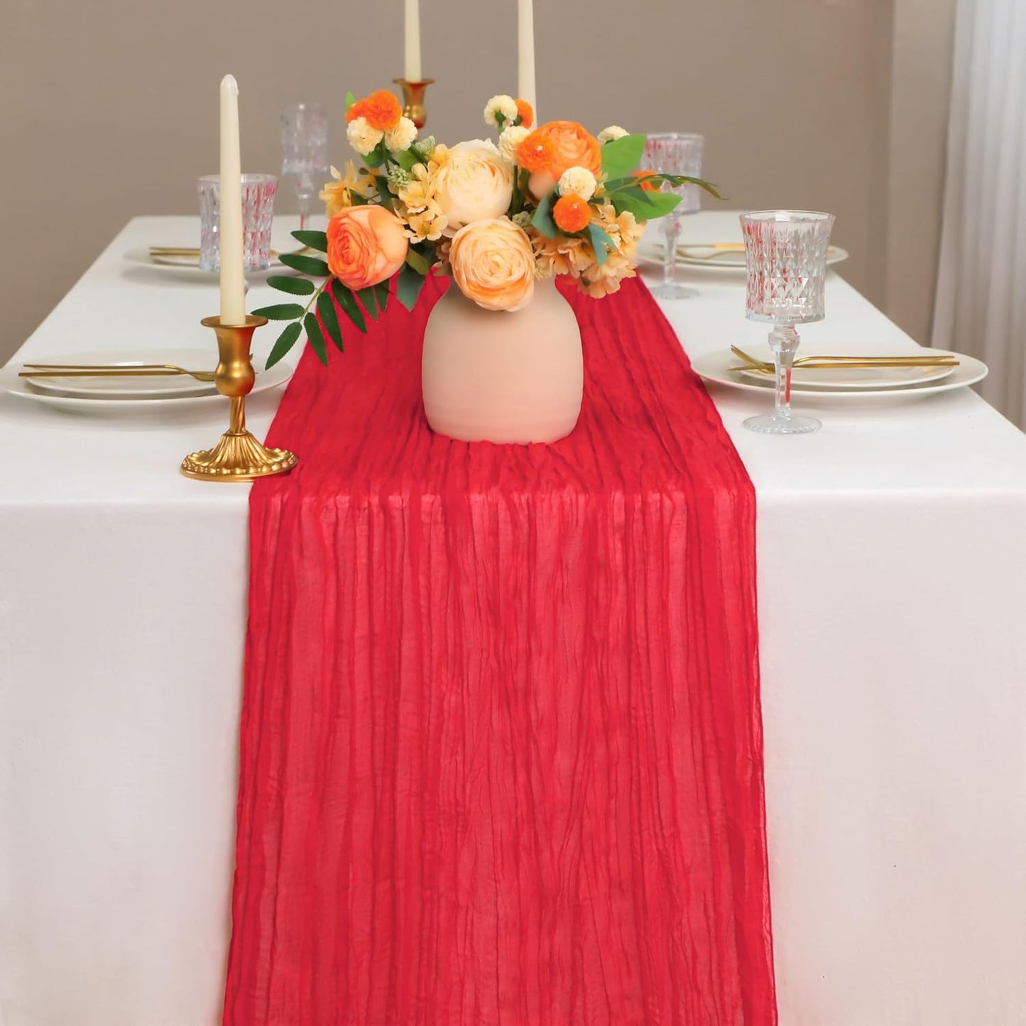 Snowkingdom 10 Ft Red Cheesecloth Table Runner, 120 inch Long Cheese Cloth Boho Gauze Runner for Wedding Bridal Baby Shower Birthday Sheer Table Decorations