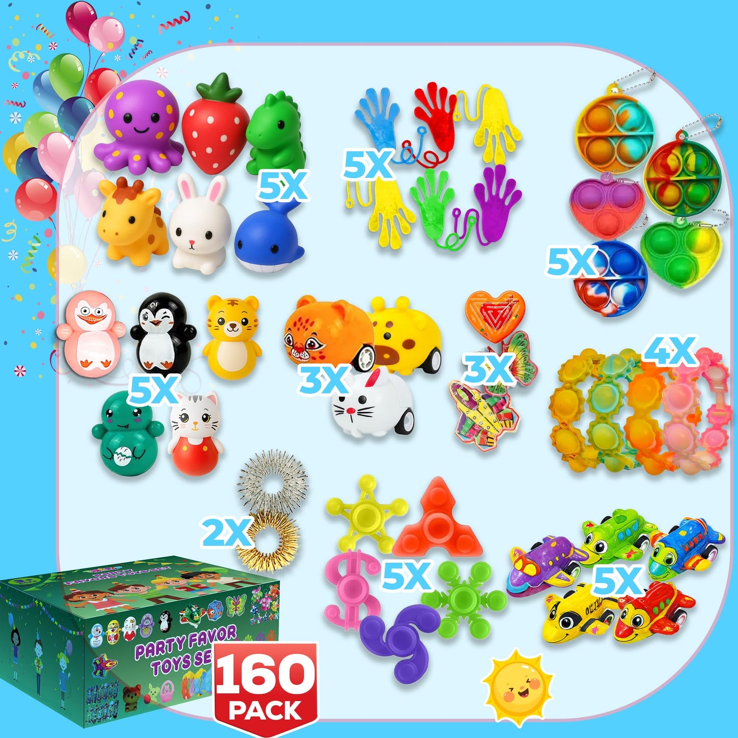 160 Pcs Fidget Toys Party Favors Pack, Randomly Selected Pop Sensory Set Gifts Stickers for Kids