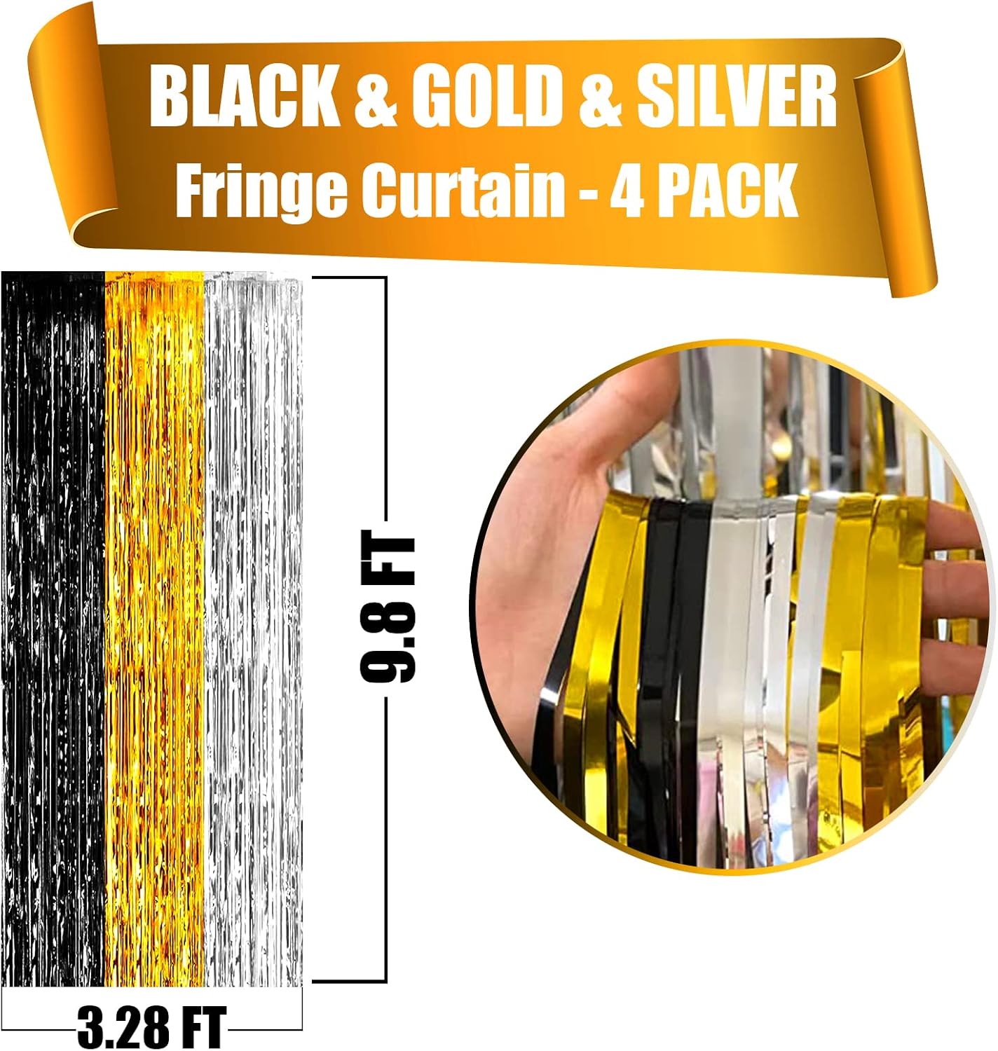 4 Pack Black Gold Silver Foil Fringe Curtain Backdrop, 3.28Ft x 9.8Ft Metallic Tinsel Foil Fringe Streamers for Photo Booth, Wedding, Notorious One Birthday Roaring 20s Graduation Party Decoration