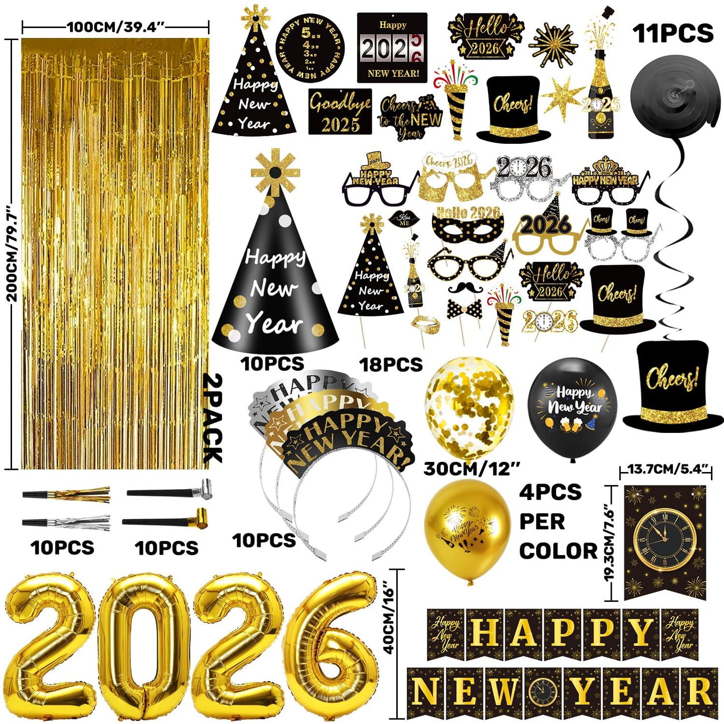 MOVINPE New Year Eve Party Decorations Kit 2026 - Happy New Year Party Supplies, Banner Cone Hats
