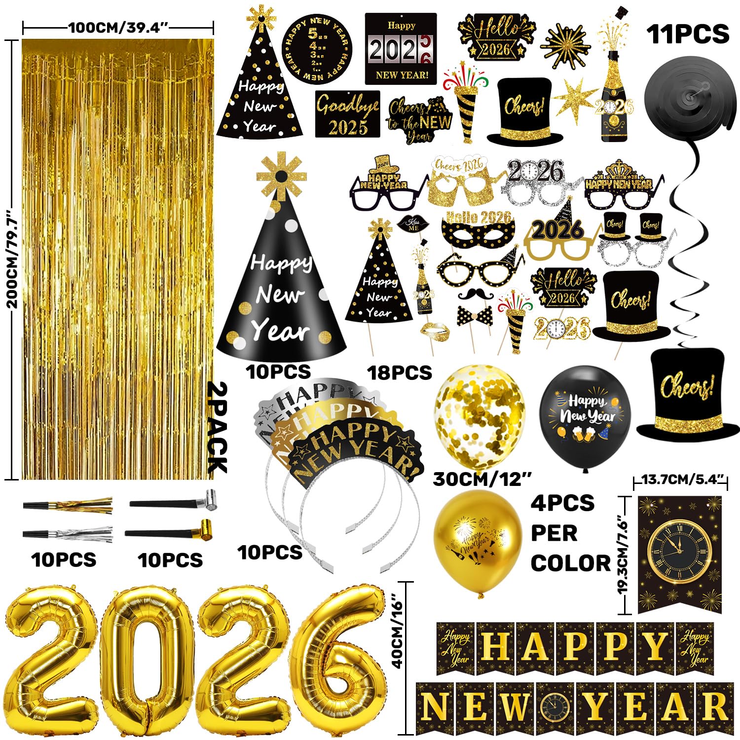 MOVINPE New Year Eve Party Decorations Kit 2026 - Happy New Year Party Supplies, Banner Cone Hats