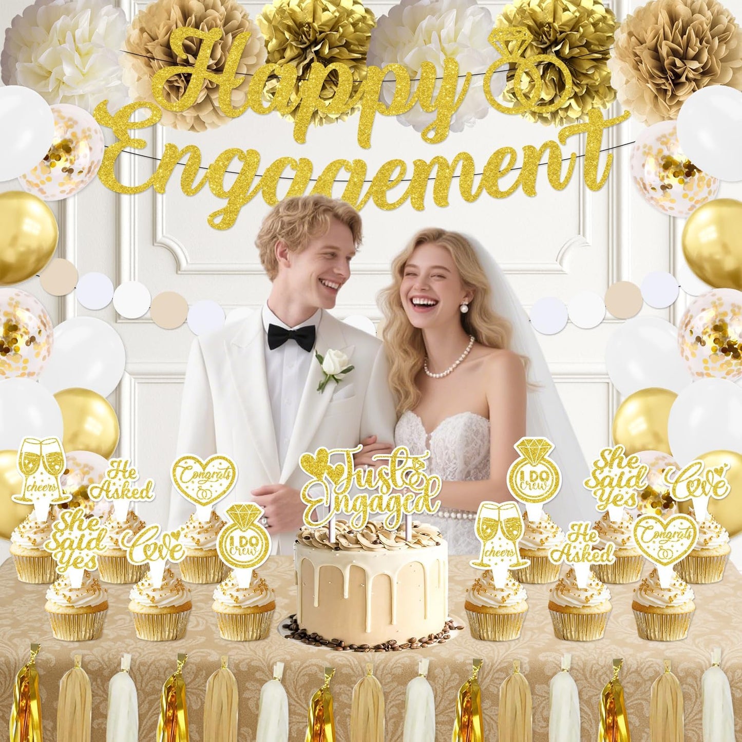 Engagement Party Decorations, Just Engaged Decorations, Happy Engagement Banner Set with Paper Pom Poms, Tissue Tassels, Balloons, Garland & Cake Topper for Wedding Bachelorette Party (Gold)