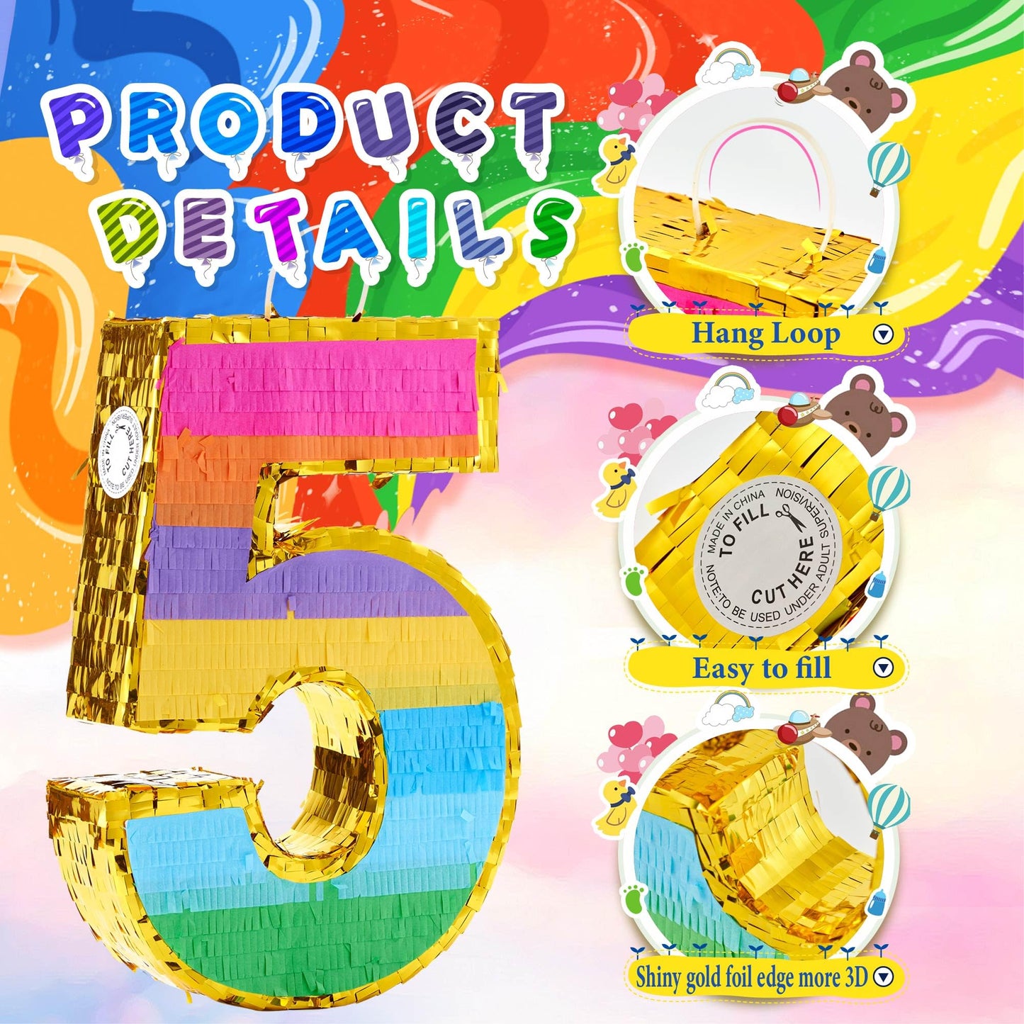 MUWOOB Rainbow Number 5 Pinata for 5th Birthday Party Decorations, Birthday Pinata with Stick