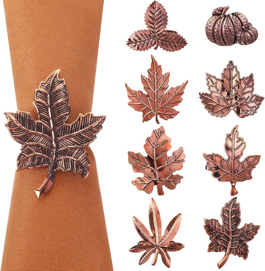 Remerry 8 Pcs Thanksgiving Napkin Ring Harvest Fall Leaf Pumpkin Holders Retro Alloy Metal Napkin Ring Buckle for Thanksgiving Wedding Table Supplies(Leaf and Pumpkin)