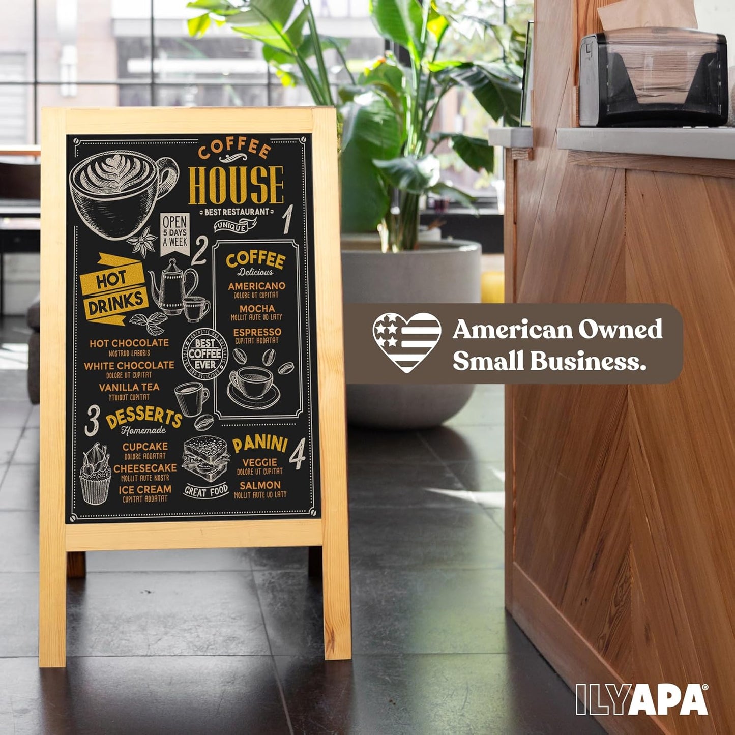 Ilyapa Wooden A-Frame Sign with Eraser & Chalk - 40 x 20 Inches Magnetic Sidewalk Chalkboard – DIY Menu Display for Restaurant, Business Or Wedding