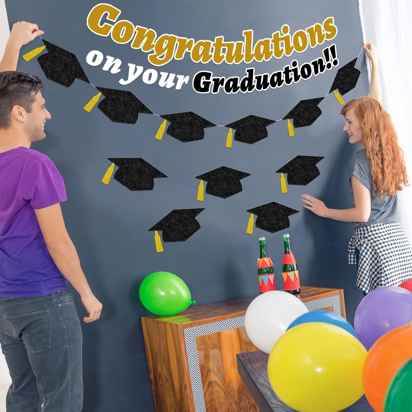 Whaline 50Pcs Grad Caps Cutouts Glitter Black Gold Graduation Hat Cutouts 5.7 Inch Grad Cap