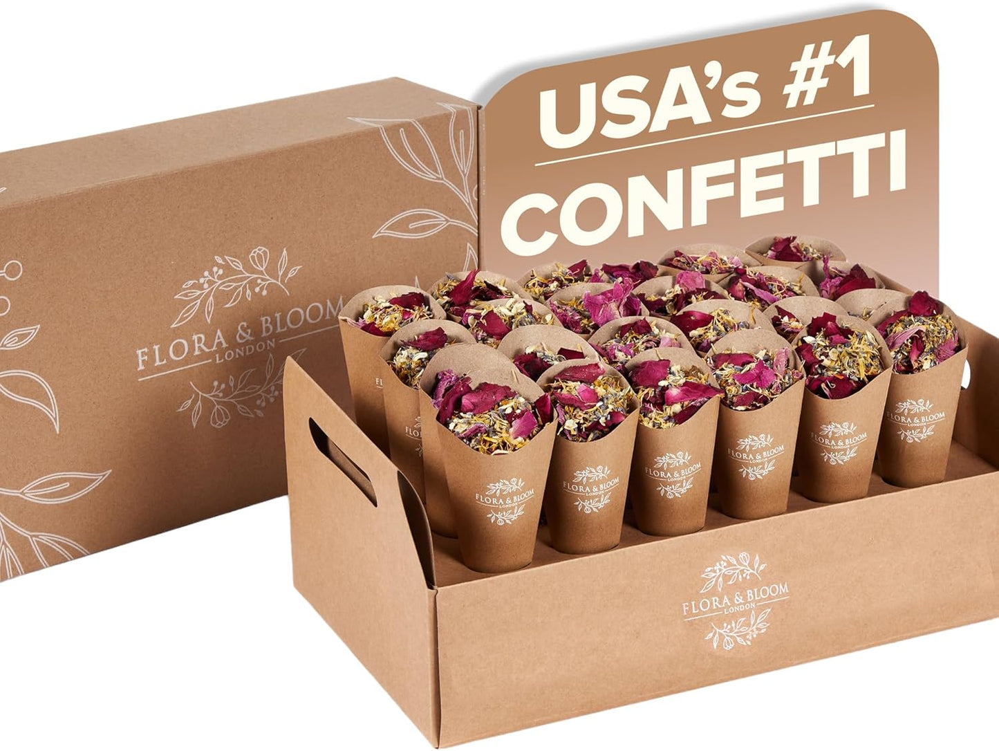 Flora & Bloom Biodegradable Confetti With Pre Built Cones | Dried Flowers (3Litres) | Wedding Confetti Kit | Pop Open Cones & Tray |Jasmine, Lavender & Rose Petals | Wedding Decorations (24 Guests)