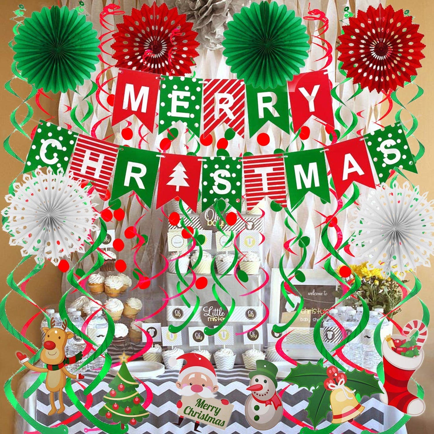 FECEDY Merry Christmas Banner Paper Fan Flower Circle Confetti Dots Hanging Garlandand Swirl