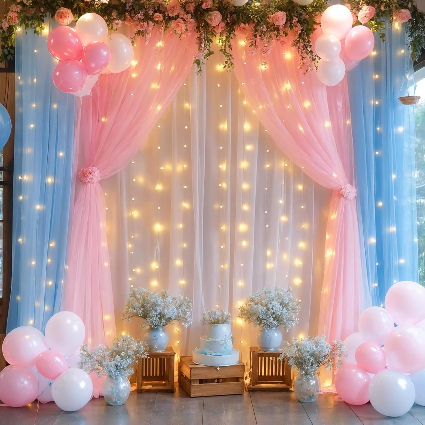 Pink Blue Sheer Tulle Backdrop Curtains with Lights String for Gender Reveal Baby Shower Decorations for Boy or Girl Birthday Party Photo Shoot Backdrop Background Decorations 2 Panels 5×8ft