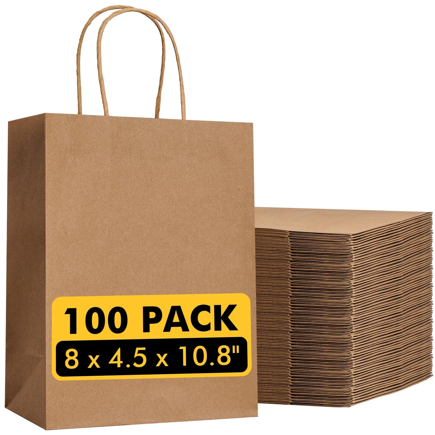 RACETOP Brown Kraft Gift Paper Bags 100 Pack 8x4.5x10.8 in with Handles