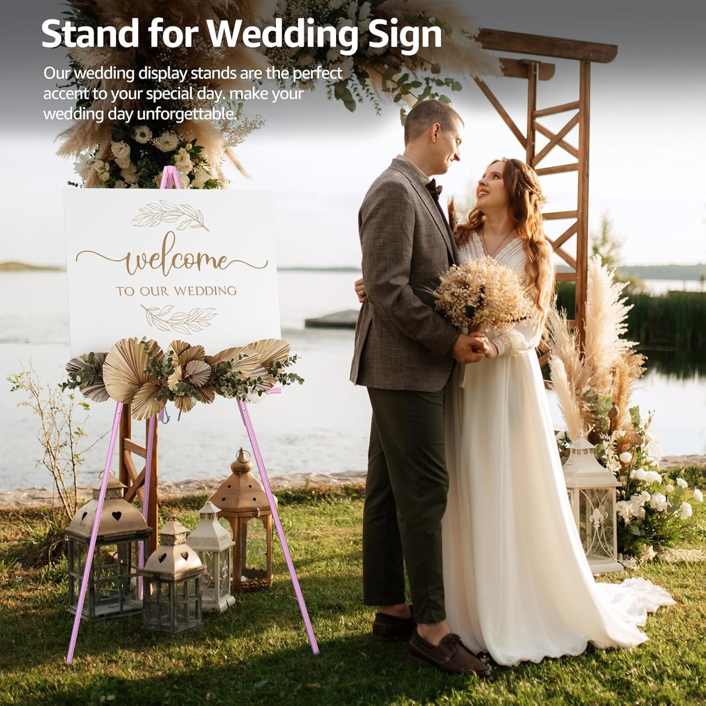 NianFeng Wooden Easel Stand for Sign, Easel Display Stand Floor for Wedding Sign with Adjustable Tray, 63-Inch, Tripod A-Frame Poster Light Duty, Welcome, Art Show & Baby Shower (Pink)
