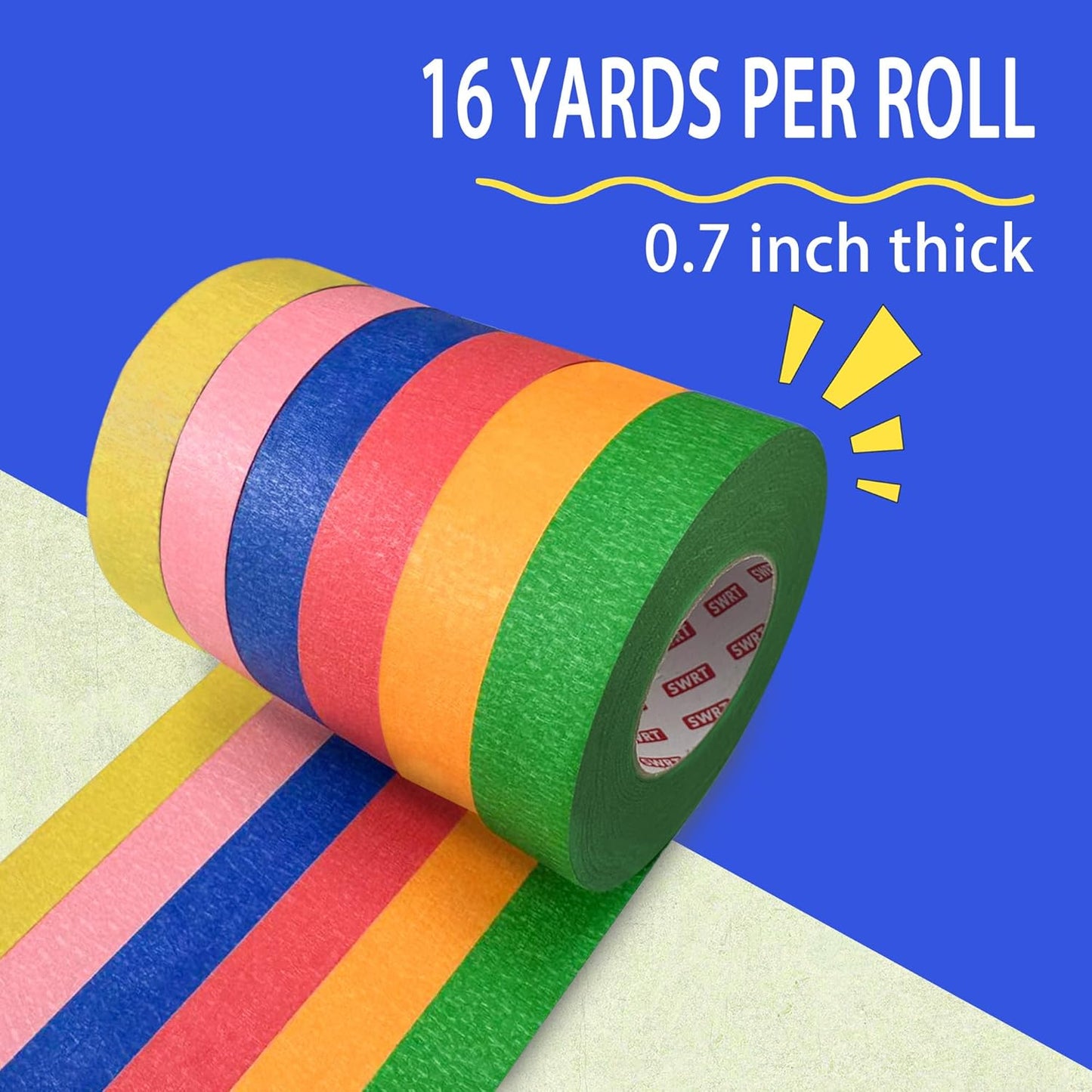 SWRT Colored Masking Tape 6-Pack, 0.7 Inch x 16 Yards Each Roll Rainbow Painter?™s Tape Set for Arts, Crafts, Labeling & Teacher ??Easy Tear, Residue-Free, Vibrant Colors
