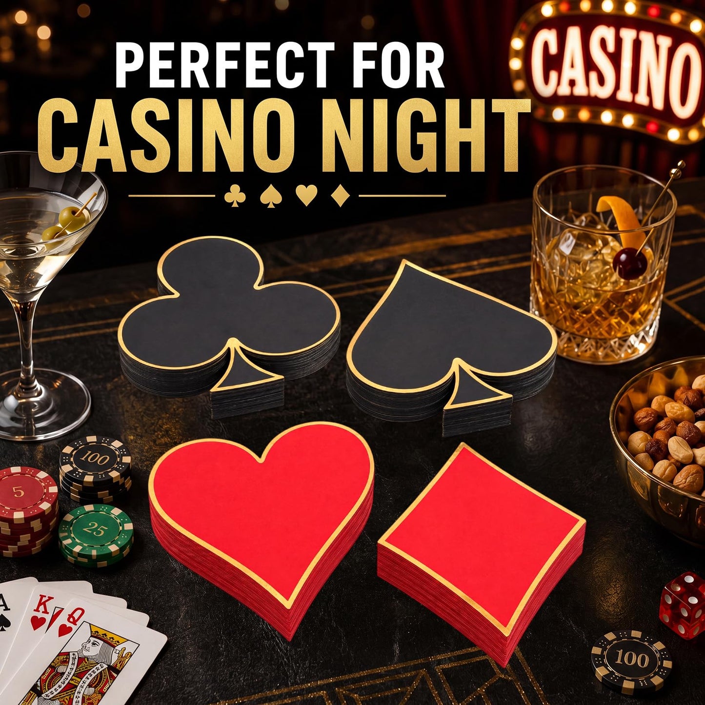 Honoson Casino Napkins 100 Pack, Poker Party Supplies 4 Designs Disposable Paper Napkins for Las
