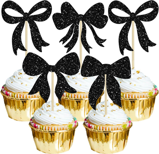 Gyufise 36Pcs Bow Cupcake Toppers Glitter Girls Birthday Decorations Bowknot Cupcake Picks Bow Tie Birthday Decorations Bow Cake Toppers for Bridal Baby Shower Bachelorette Party Supplies Black