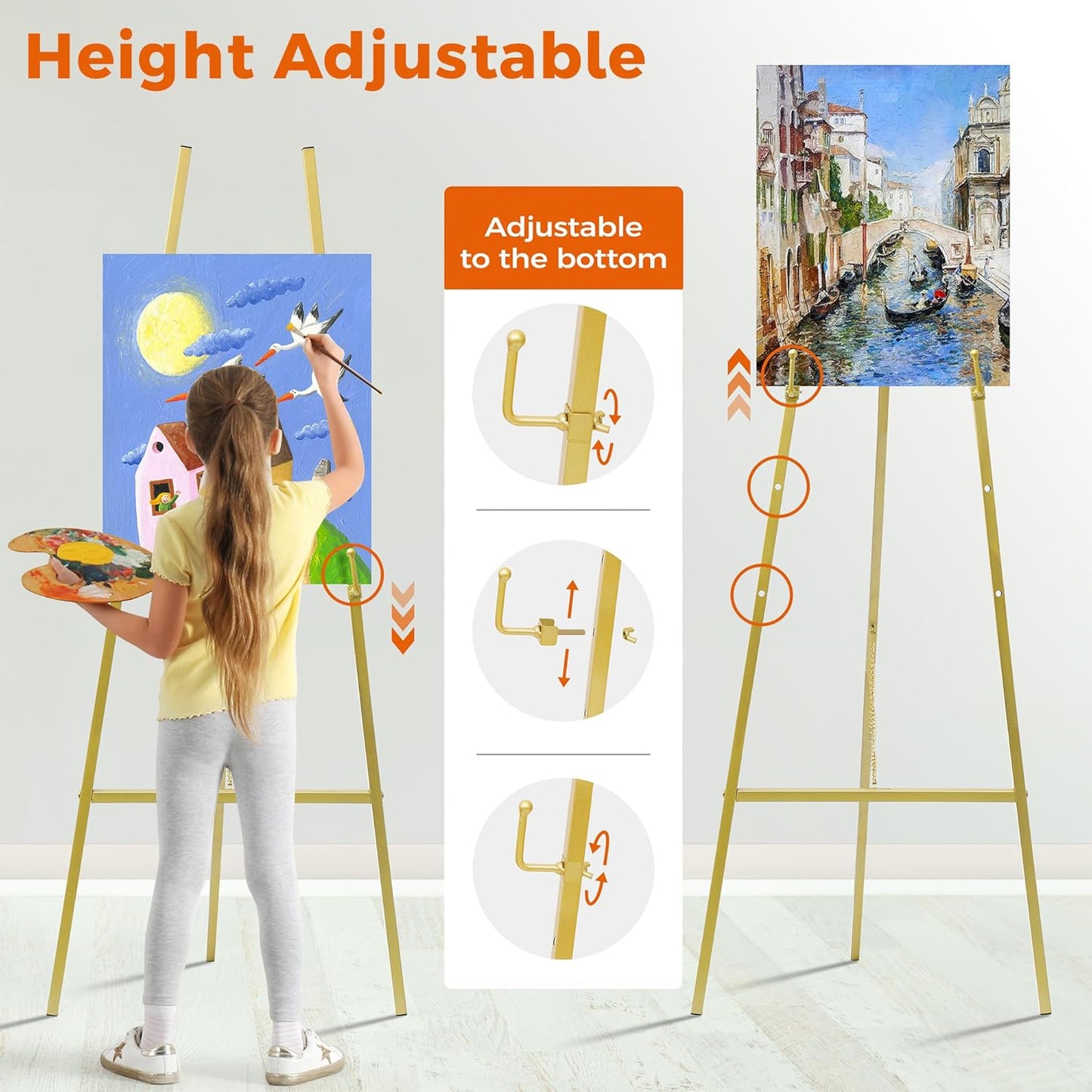 ARTASY 57" Gold Easel Stand for Wedding Signs, Posters, Portable Artist Easel for Painting Canvas, Display Easel for Home and Office
