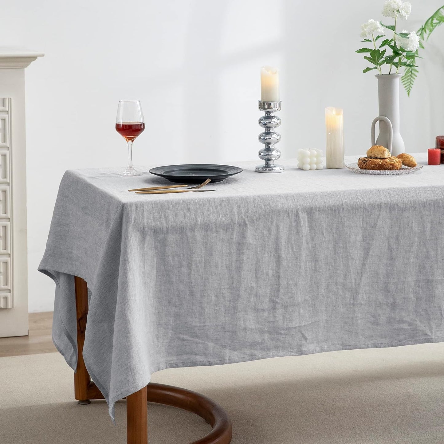 EVERLY 100% Pure Linen Rectangle Tablecloths 60x84Inches for Dining,Buffet Parties,Picnic,Events,Weddings and Restaurants,Decorative Halloween,Thanksgiving Machine Washable Tablecloths-Light Grey