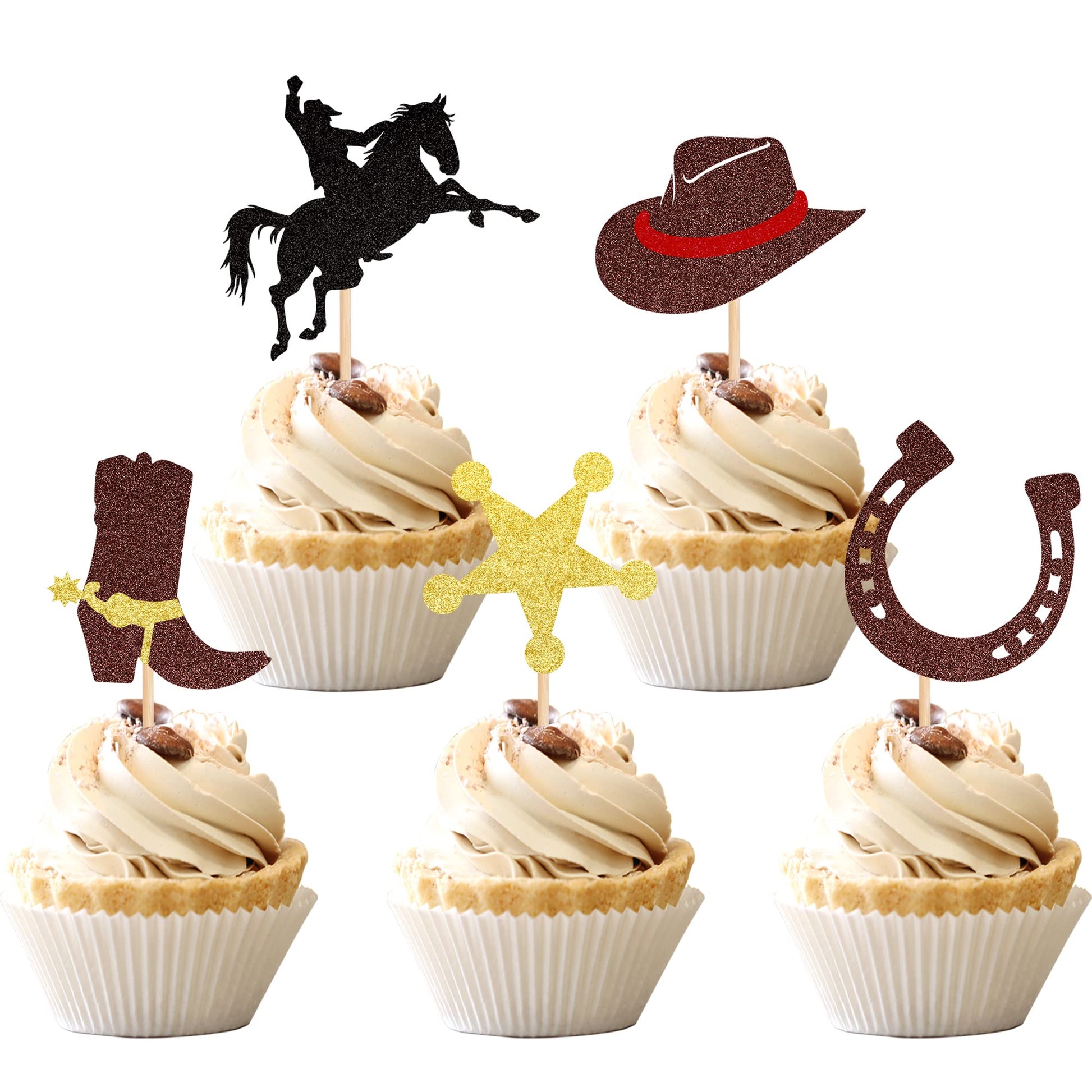 30 PCS Cowboy Cupcake Toppers Glitter HorseShoe Cowboy Hats Boots Cupcake Picks Western Theme Baby