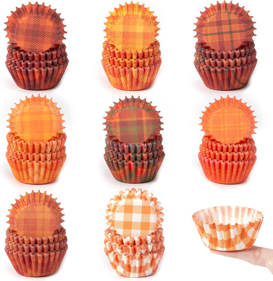 COcnny Fall Mini Cupcake Liners - 600pcs Autumn Plaid Muffin Small Paper Cupcakes Baking Cups Wrappers, Orange Brown Case Cake Wrap Making Supplies for Fall Thanksgiving Birthday Party (8 Styles)