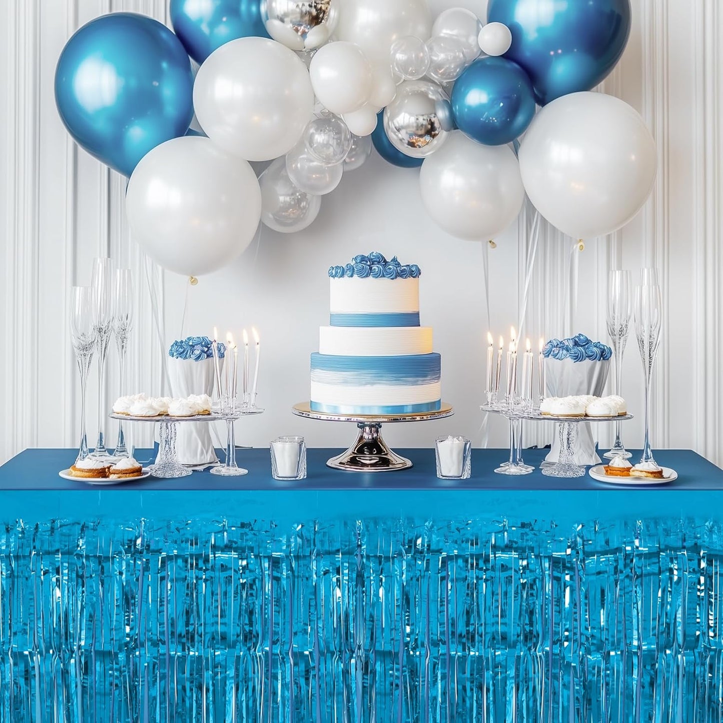 2 Pack Lake Blue Table Skirts, 29x108" Metallic Foil Tinsel Fringe Table Skirts for Rectangle Tables Streamer Curtains Backdrop, Party Decorations for Birthdays Weddings Holidays