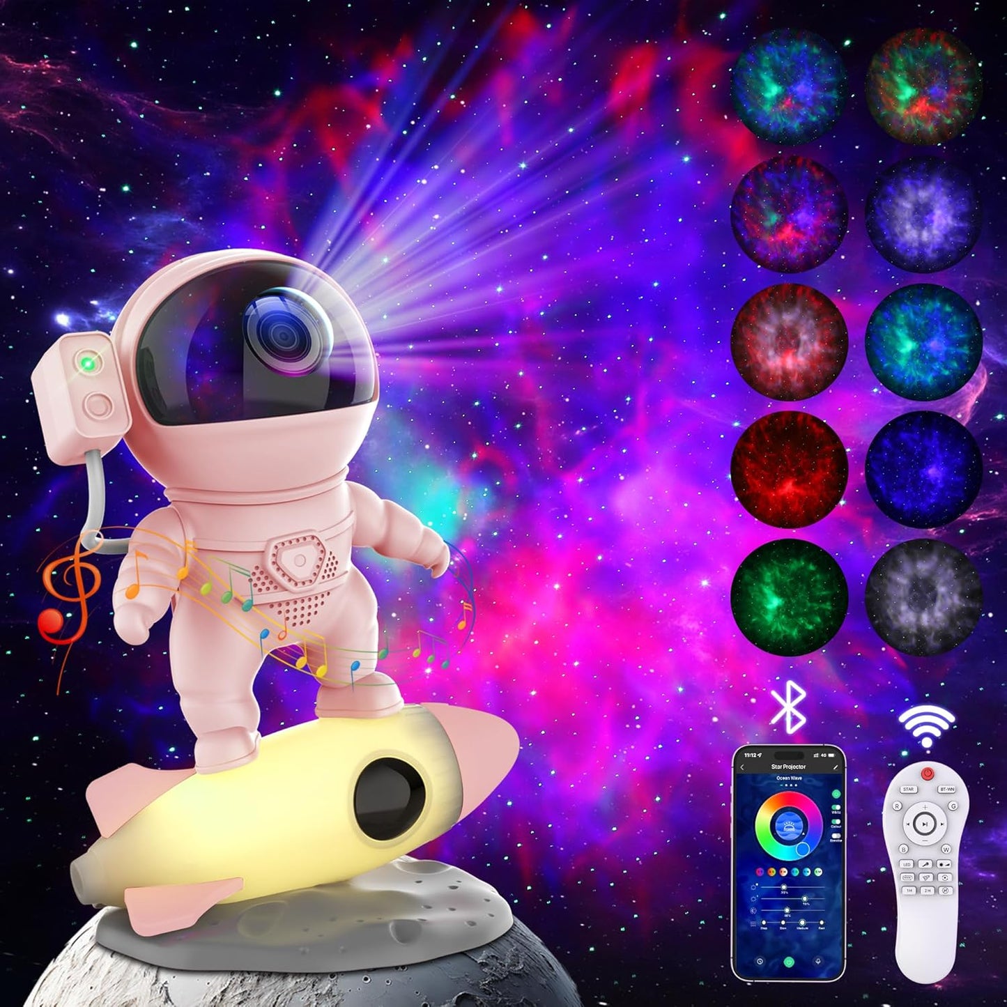 FlyEagle Astronaut Galaxy Projector, Star Nebula Projector with Rocket Lamp, Night Lights LED Star Projector for Bedroom, Remote Control, White Noises, Bluetooth Speaker for Bedroom, BL-HJ07