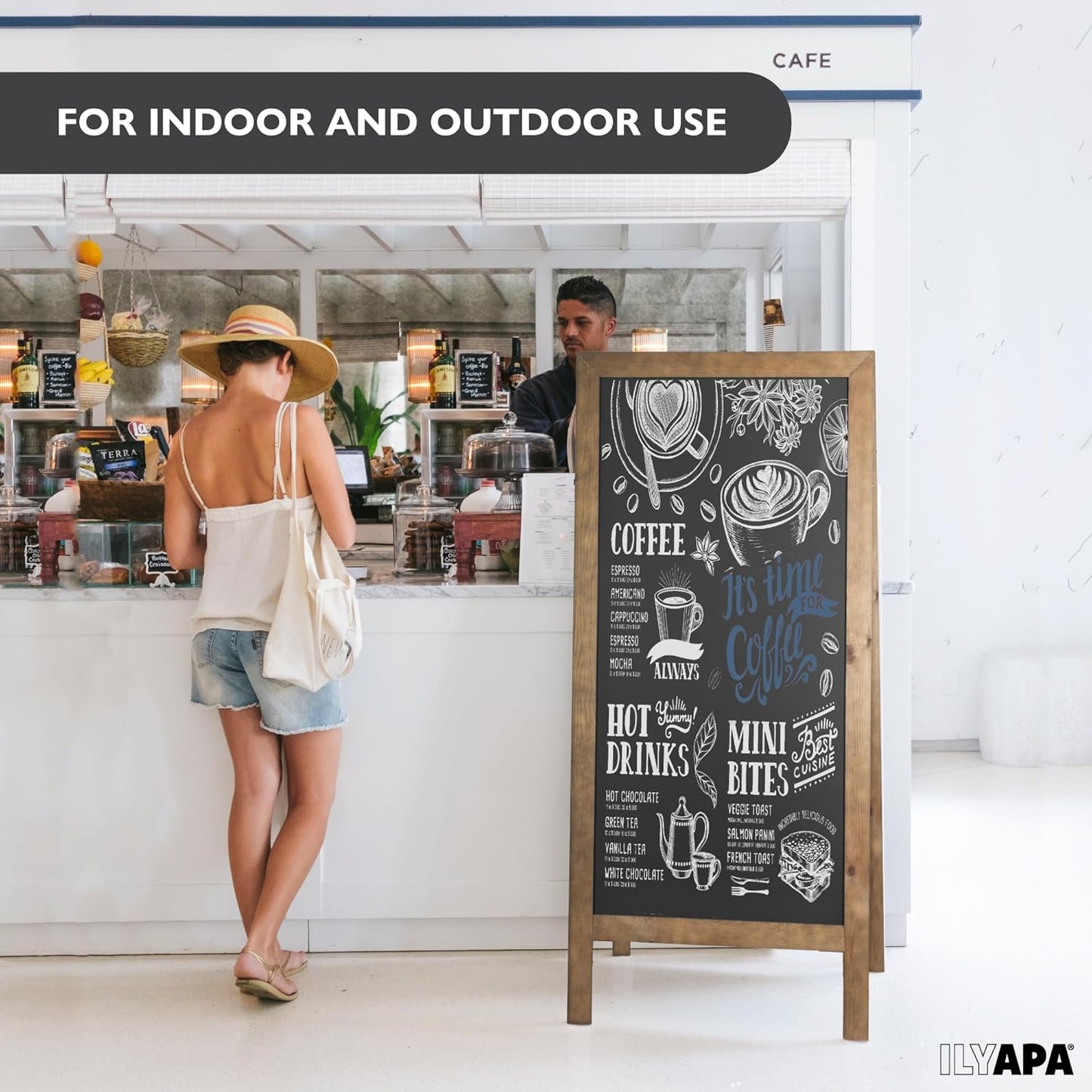 Ilyapa A-Frame Chalkboard Sidewalk Sign - 58 x 27 inches, Folding Standing Sandwich Sign – Freestanding Barnwood Magnetic Sandwich Menu Display