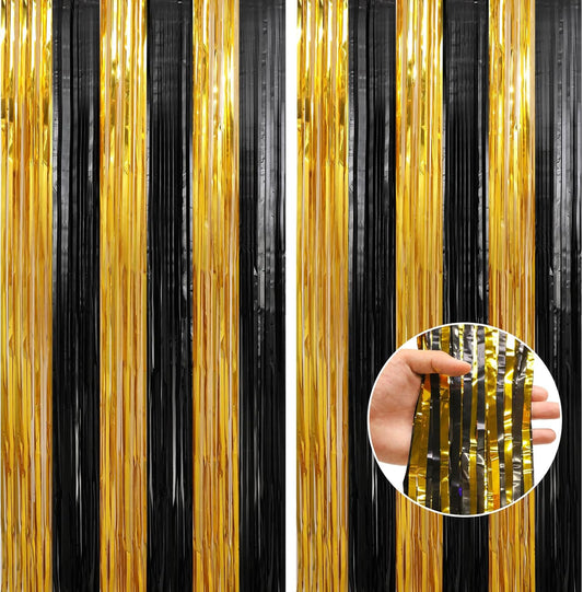 Crosize 2 Pack 3.3 x 9.9 ft Gold and Black Foil Fringe Curtains Party Decorations, Gold Tinsel Curtain Backdrop for Parties, Door Streamers, Glitter Streamer Fringe Backdrop for Birthday Decoration