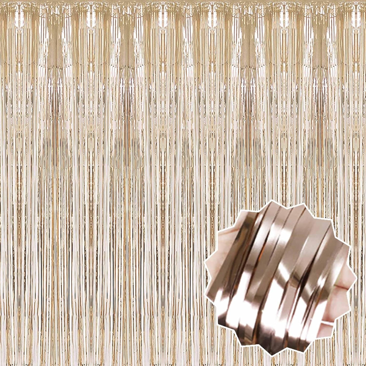 3 Pack Champagne Gold Foil Fringe Curtains Backdrop, 3.28 x 9.8 Ft Metallic Streamers Tinsel Curtains Background for Photo Booth, Birthday, Halloween, Christmas, New Year Party Decorations