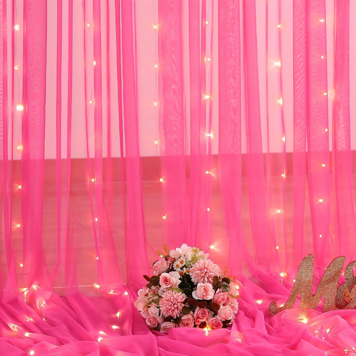 Hot Pink Tulle Backdrop Curtain with Lights for Parties 10x8ft Fuchsia Sheer Backdrop Curtains for Weddings Birthday Baby Shower Photo Shoot Background Decorations