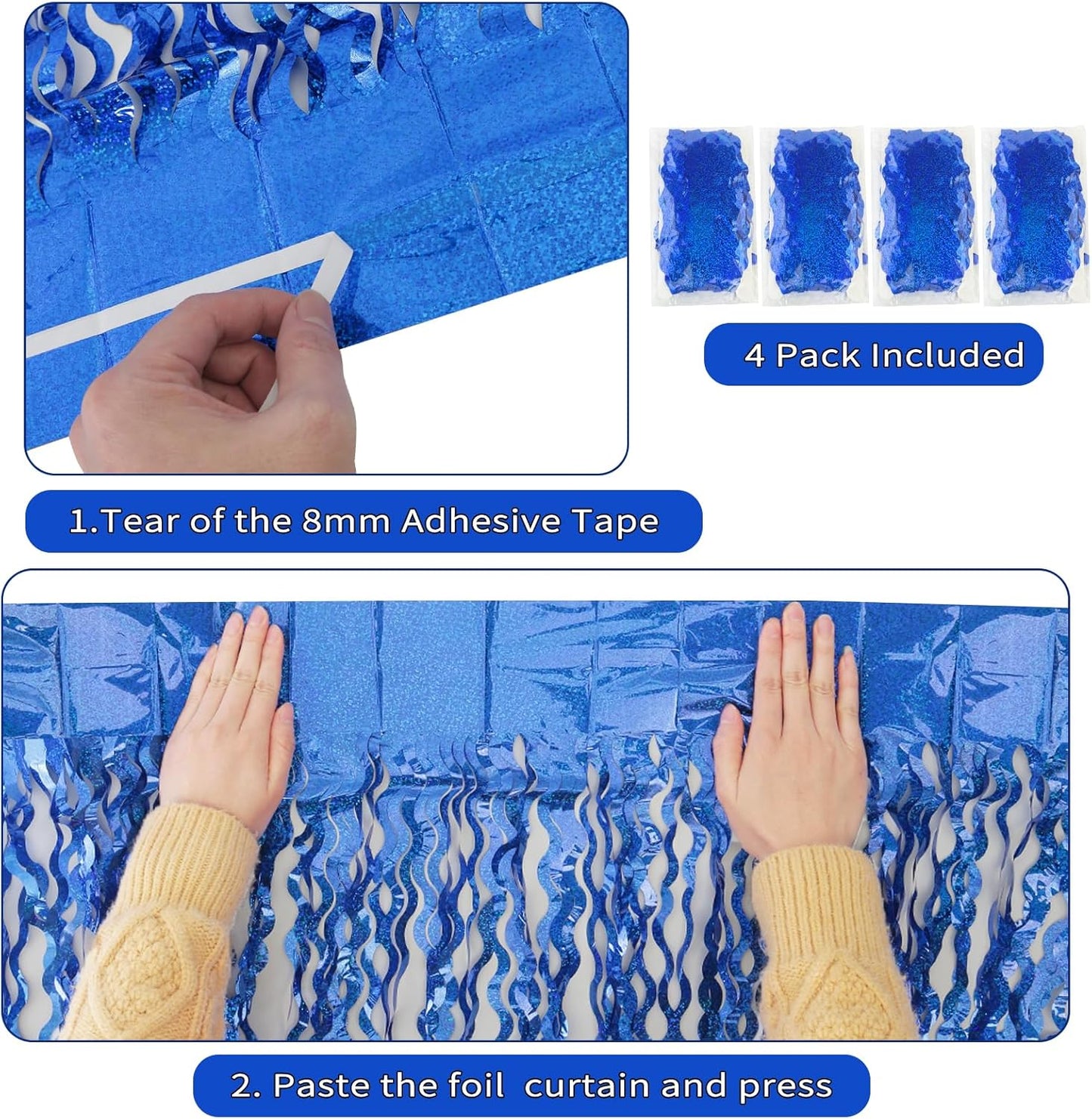 4 Pack 3.3 ft x 6.6 Wavy Sparkle Dark Blue Foil Fringe Backdrop Curtain - Navy Blue Streamer Backdrop Tinsel Curtains for Door Streamers Ocean Birthday Party Decorations Disco Party