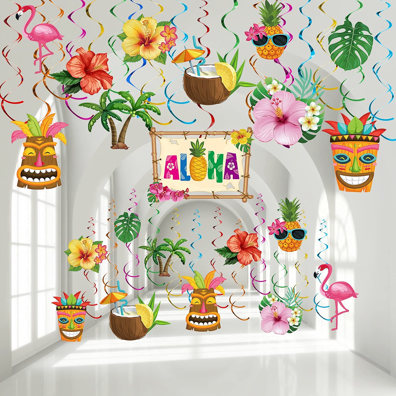 Outus 30 Pcs Hawaiian Luau Party Hanging Swirls Tropical Decor,Summer