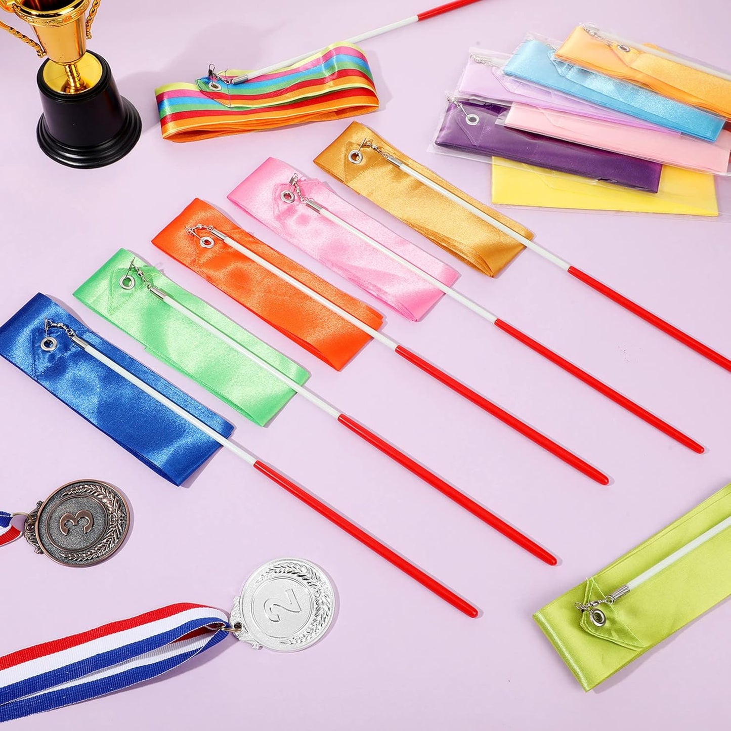 Yilloog 50 Pcs Ribbon Dancing Wands Party Favors, 78.7 Inch Artistic Gymnastics Ribbon Streamers Twirling Wands, Rainbow Birthday Decorations