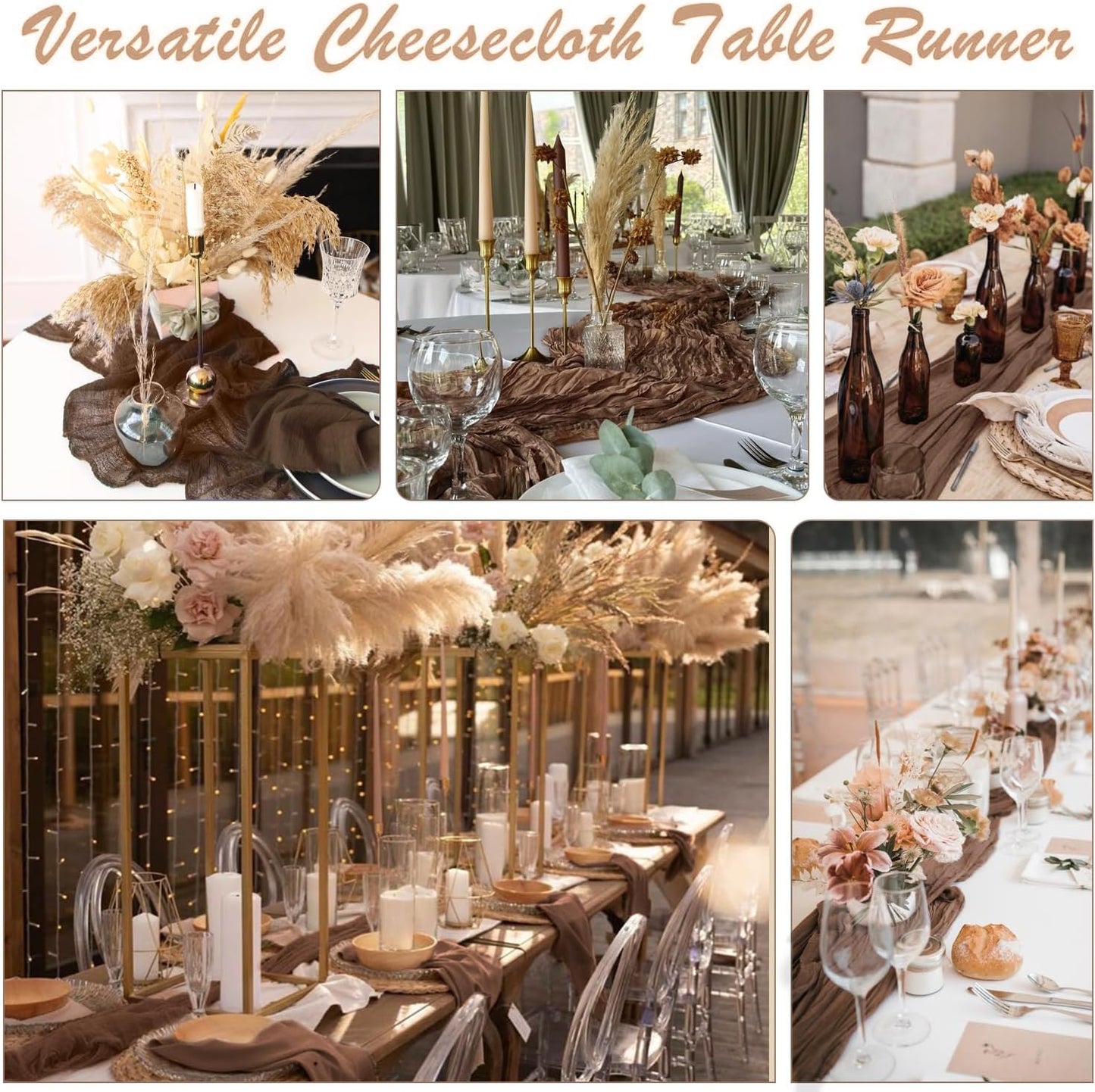 6 Pack Brown Cheesecloth Table Runner 35x120 Inch Gauze Coffee Table Runner Rustic Boho Cheese Cloth Sheer Runner for Wedding Baby Shower Bridal Shower Birthday Party Fall Decorations