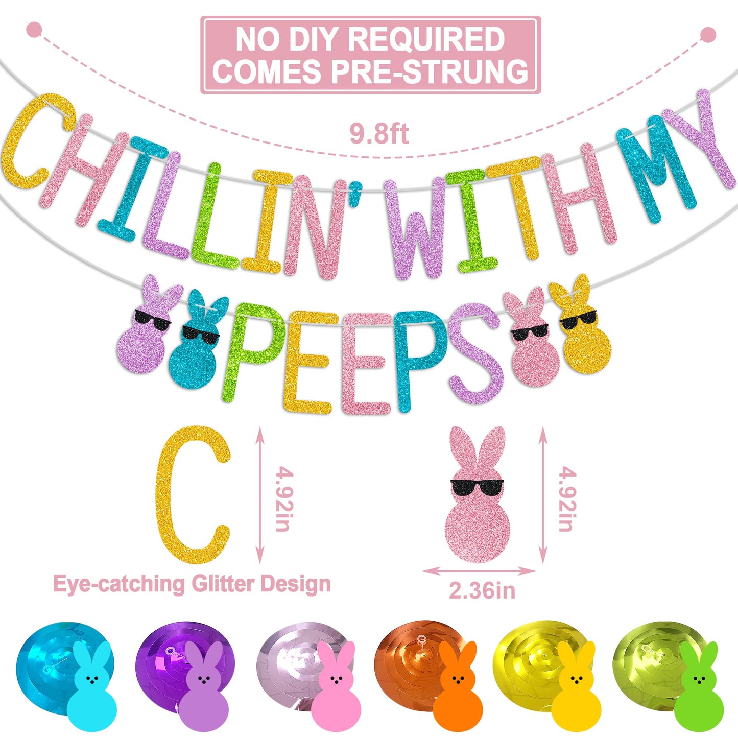 Glitter Chillin with My Peeps Banner with Bunny Hanging Swirls - NO DIY - Easter Party Decorations