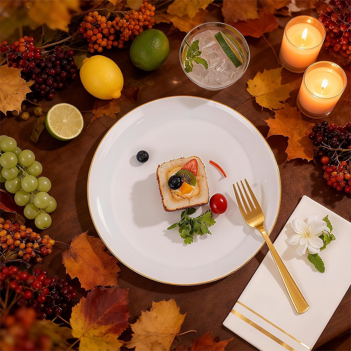 Festiva 350Pcs Gold Plastic Plates - White and Gold Dinnerware Set Disposable include 10" & 7" Plates,Cups,Silverware,Napkins -serve 50 Guests Perfect for Wedding& Birthday &Summer Party