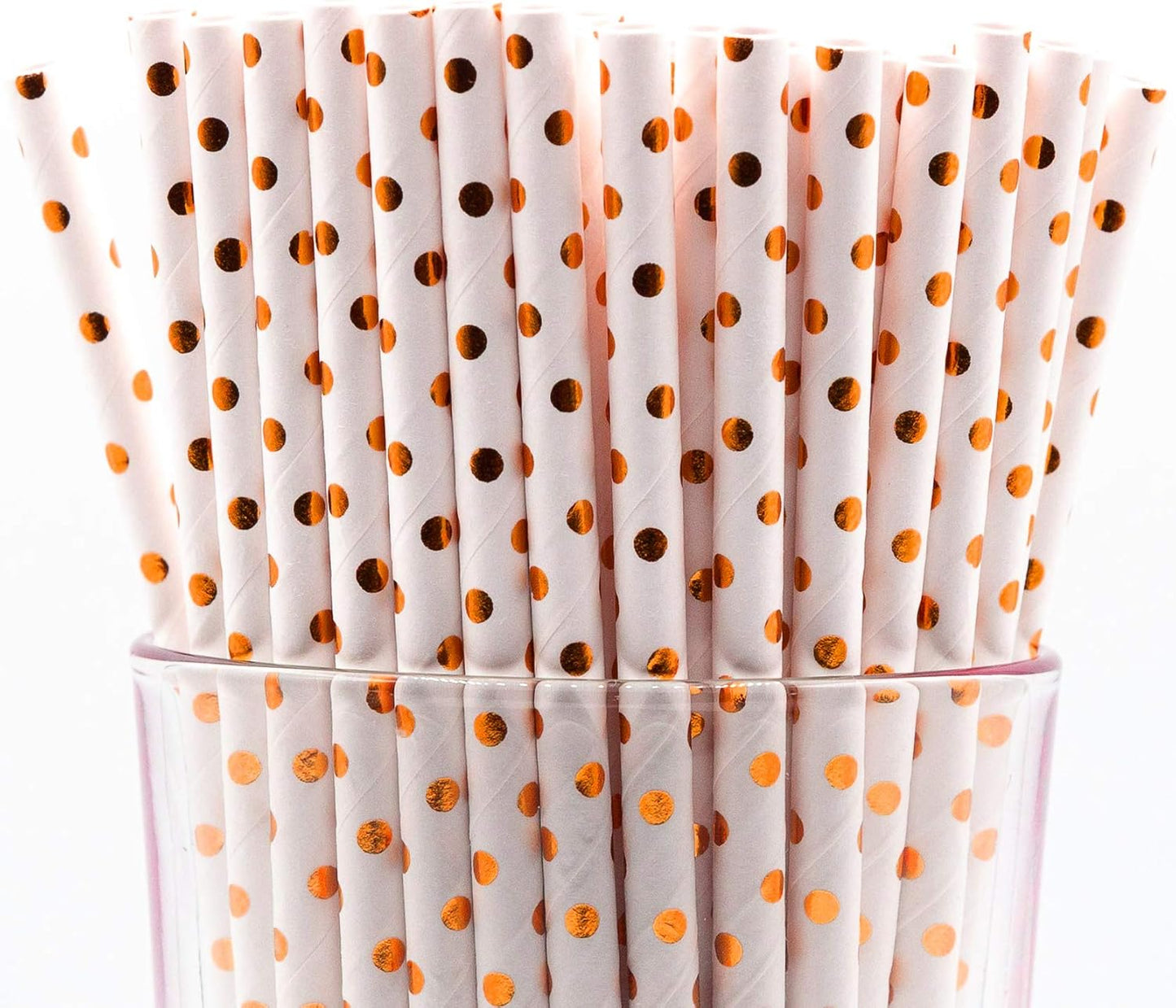Pack of 300 Rose Gold Polka Dot Foil Biodegradable 4-Ply Paper Drinking Straws (Compostable, Non-toxic, BPA-free)