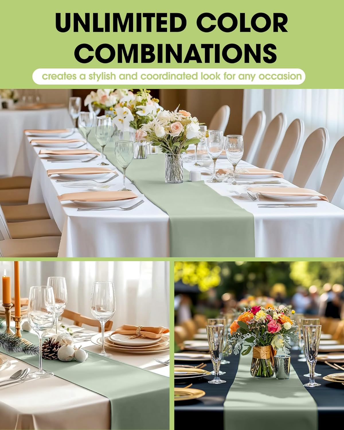 Pureegg Sage Green Plastic Table Runners - 20 Pack, 14'' x 108'', Water Resistant & Disposable Centerpiece Decorations for Table Cloth, Wedding, Birthday, Holiday, Baby Shower, Party, Home Decor