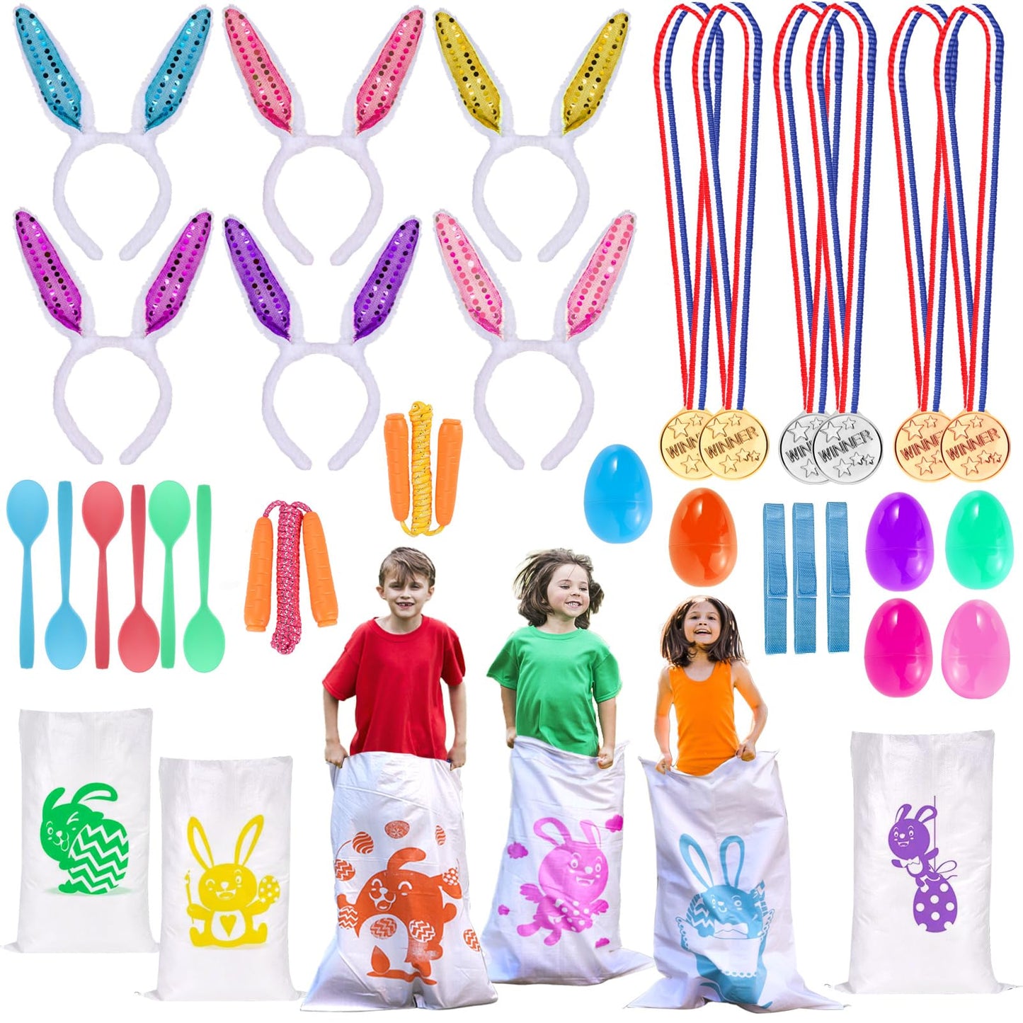 Atonofun 29 Pack Easter Games for Kids Outdoor, Potato Jumping Bags, Bunny Ears Headbands, Egg