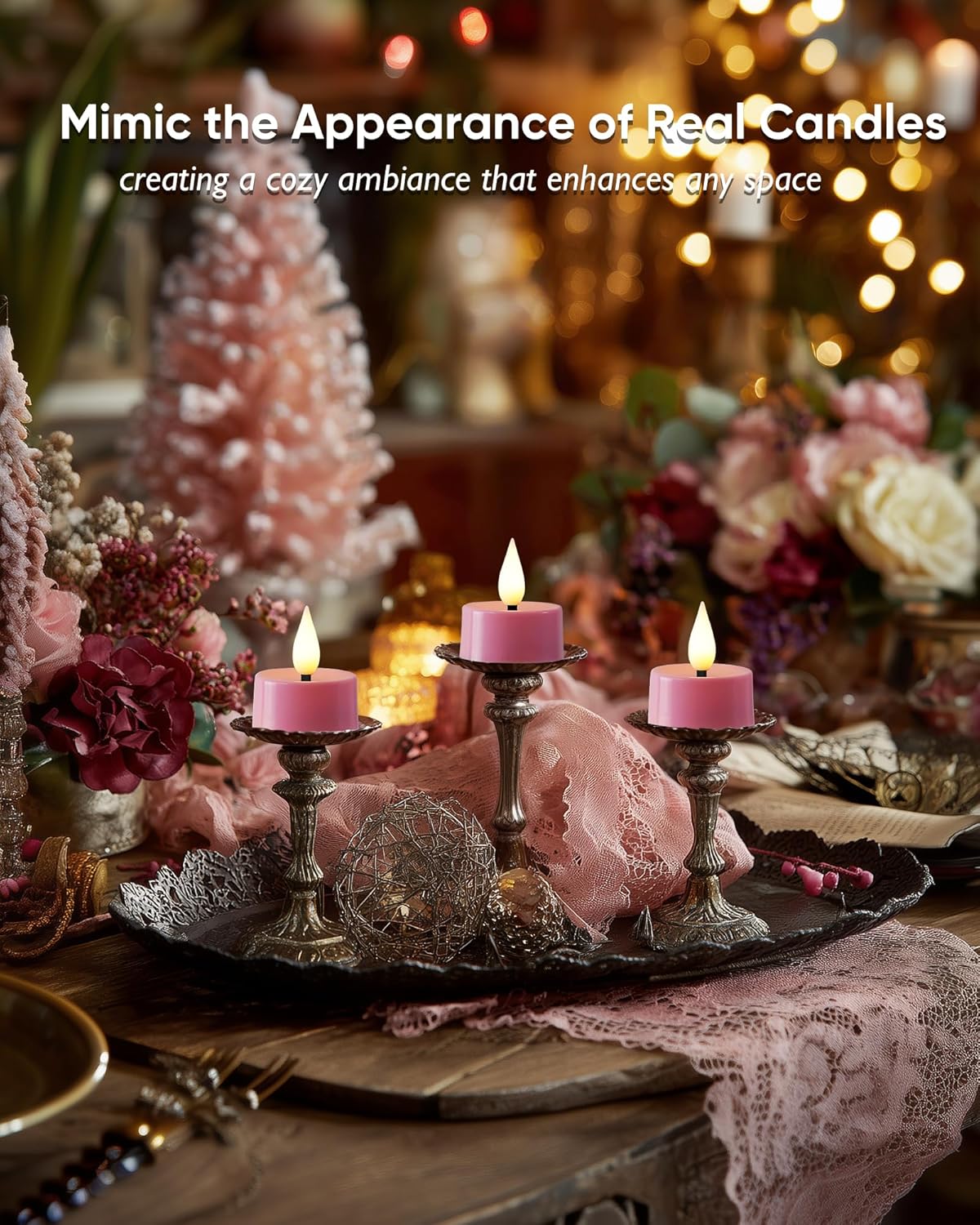 Amagic Flameless Pink Timer Remote Tealights Candles, 3D Black Wick Flickering Tea Light, 400+Hour Colored Votive Candles Battery Operated, Set of 12 for Romantic Wedding Decor, Baby Showers, Proposal